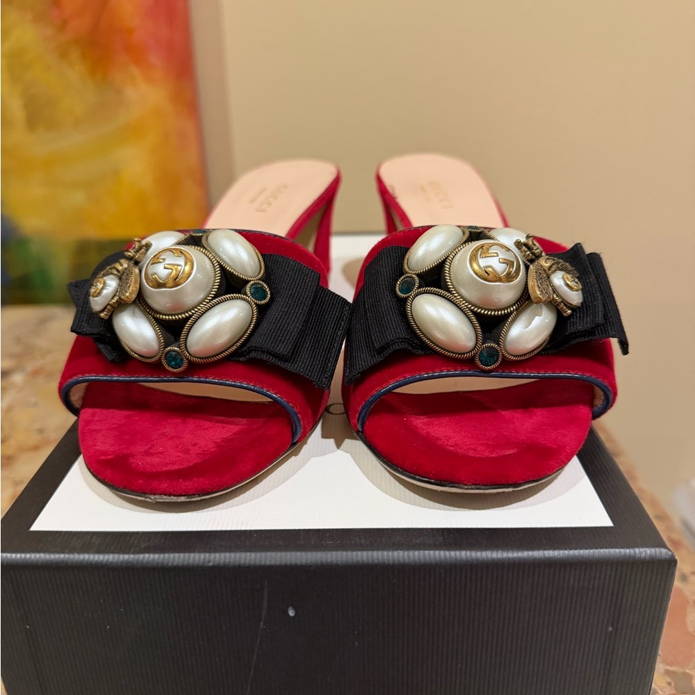 Gucci Red Velvet Pearl Embellished Heels